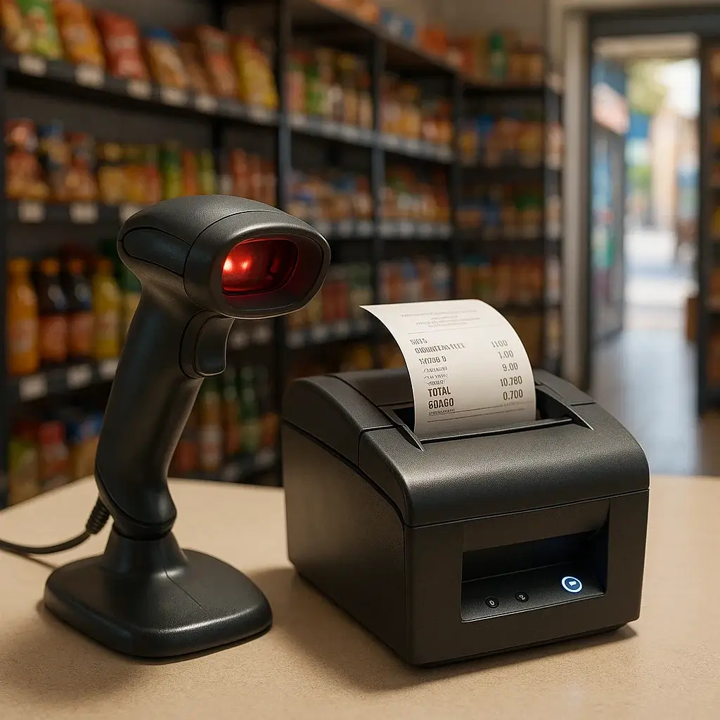 Lector de código de barras e impresora térmica TuRedco sobre un mostrador.