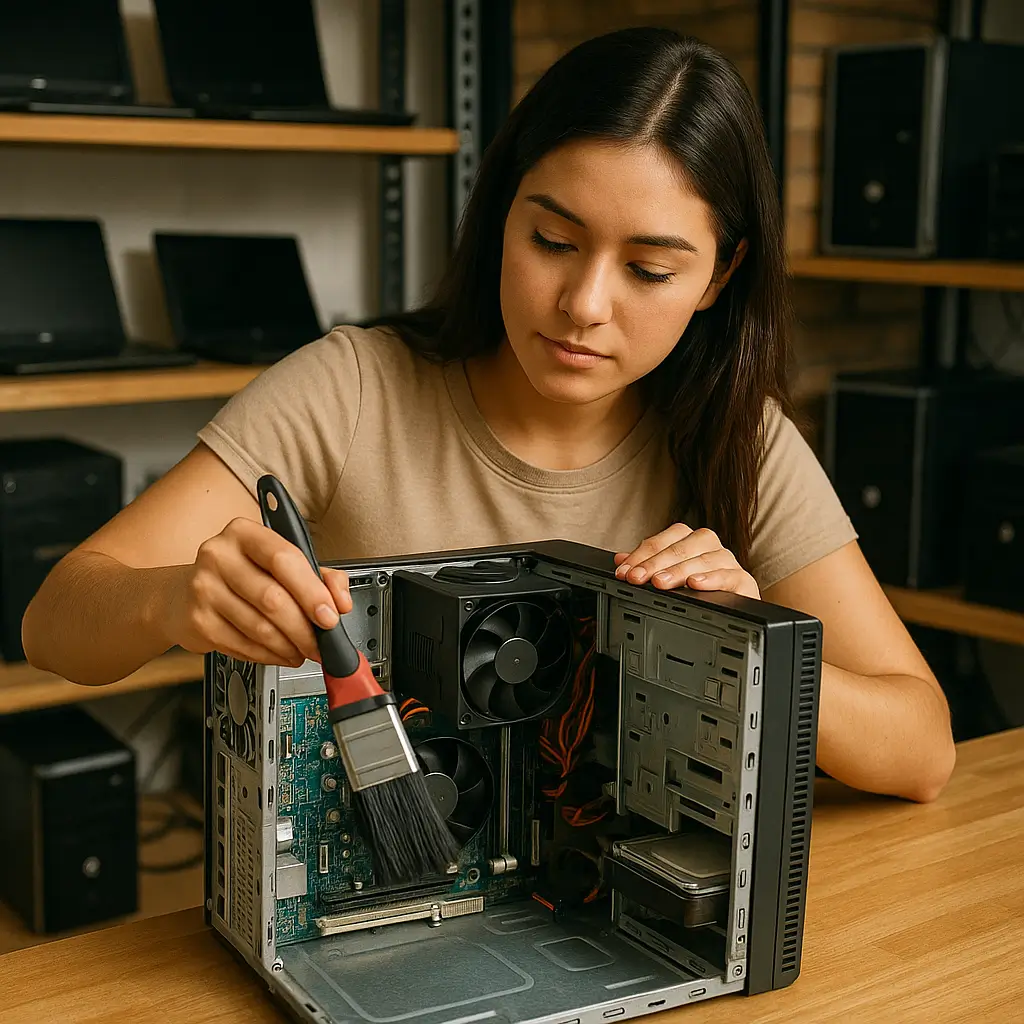 Técnico realizando mantenimiento preventivo a una computadora.