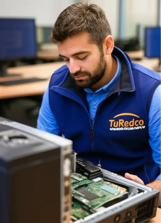 Técnico experto diagnosticando un problema en una laptop.