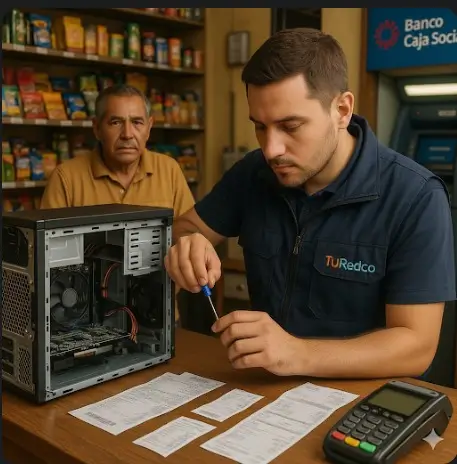 Técnico realizando mantenimiento a un computador de un negocio de corresponsalía.