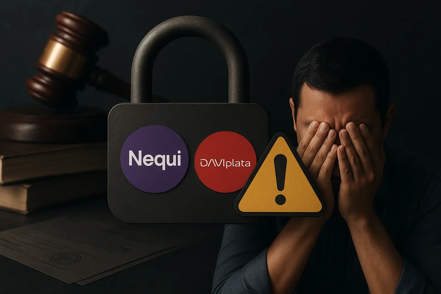 Persona preocupada revisando una transacción errónea en su celular con los logos de Nequi y Daviplata.