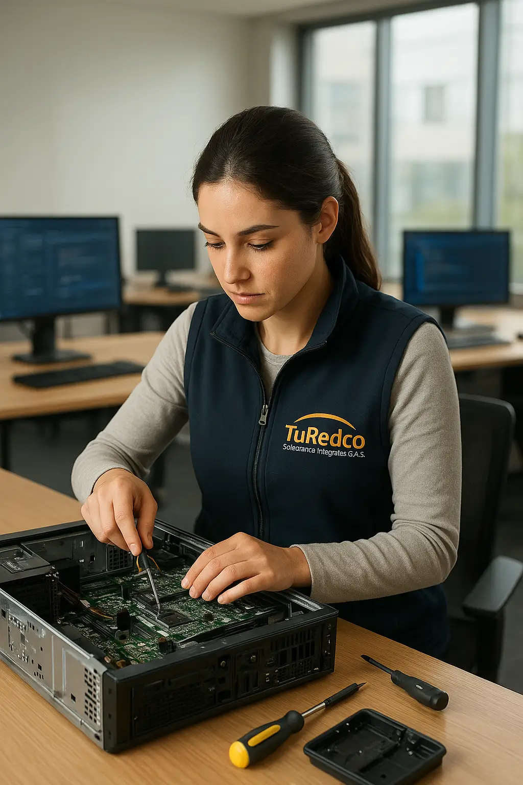Técnico asesorando a un cliente en su oficina.