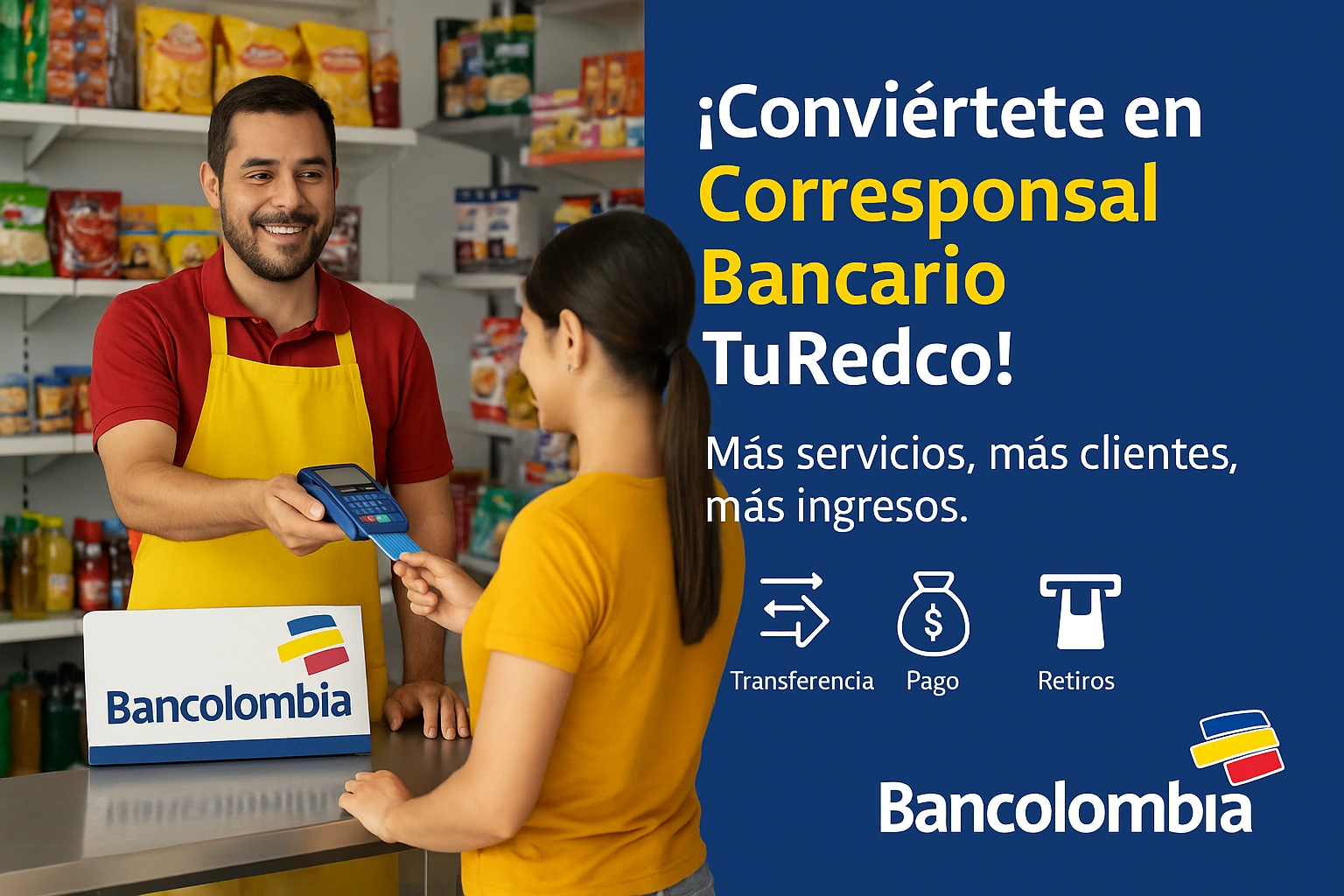 Fachada de una sucursal de Bancolombia, aliado de TuRedco.