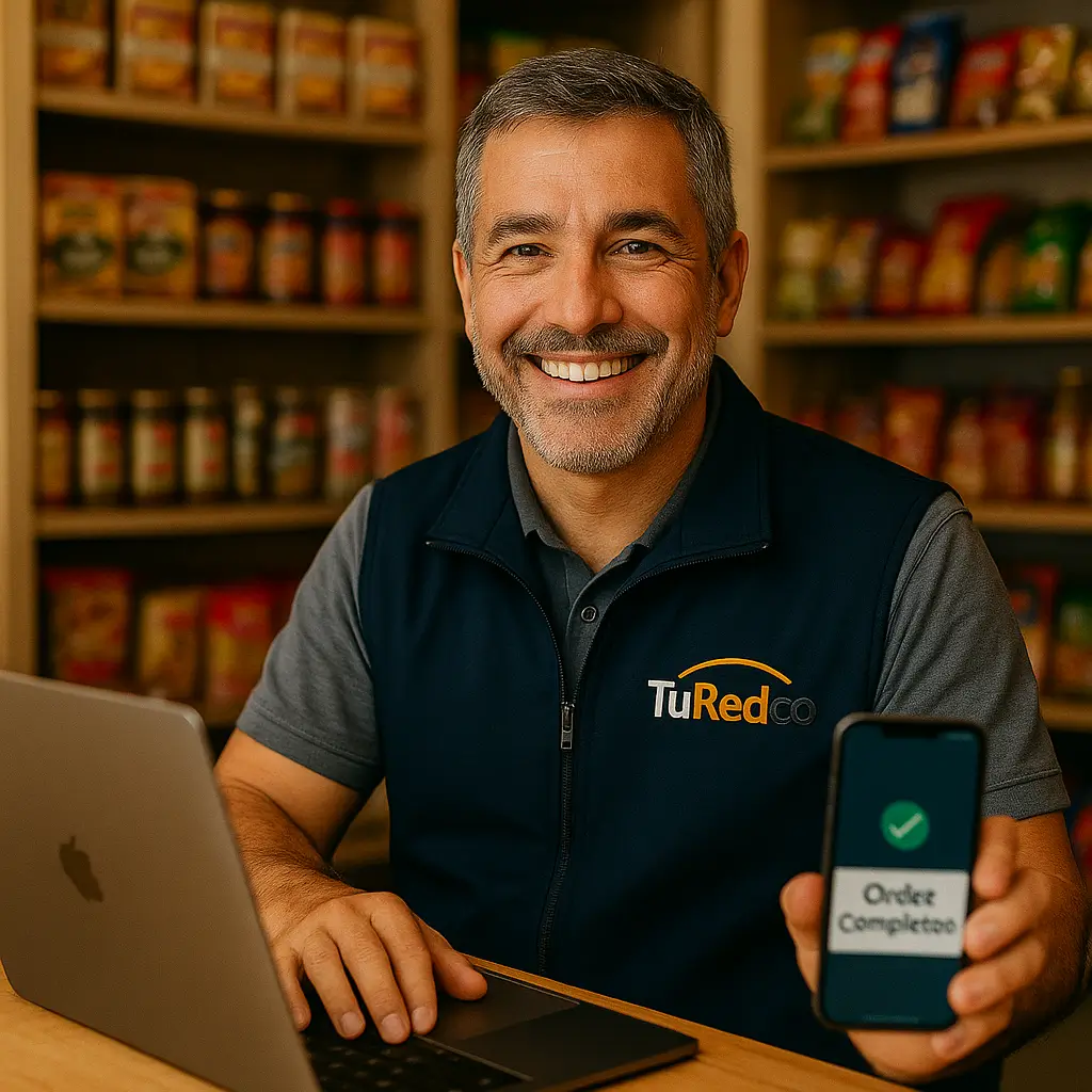 Dueño de un negocio sonriendo mientras usa un computador, mostrando el éxito de su presencia digital.